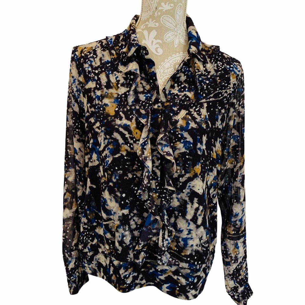 CAbi Starry Night Blue Ruffle Front Blouse SM 1840